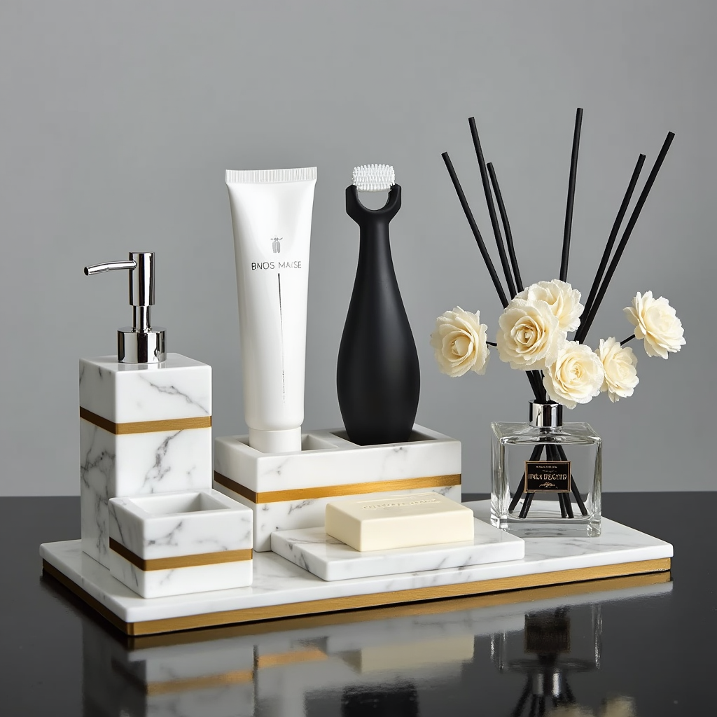 Luxury White Marble Bathroom Accessories Set with Gold Accents